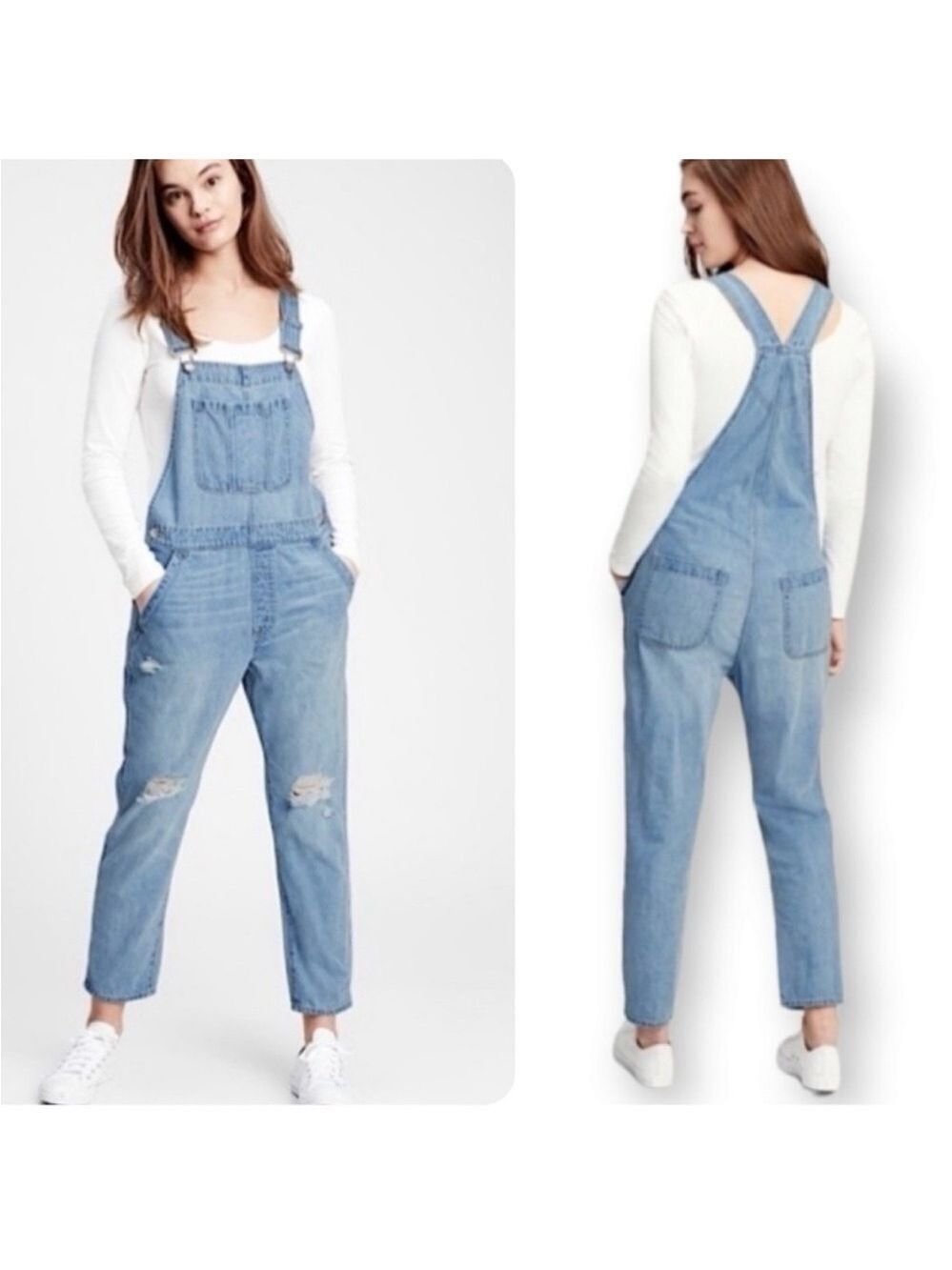 NWT GAP Slouchy Straight Leg Distressed Denim Ankle Overalls Light Wash Size XS